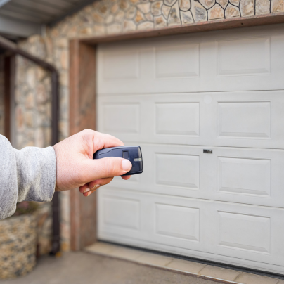 Grand Rapids security key fob pointing to a garage door